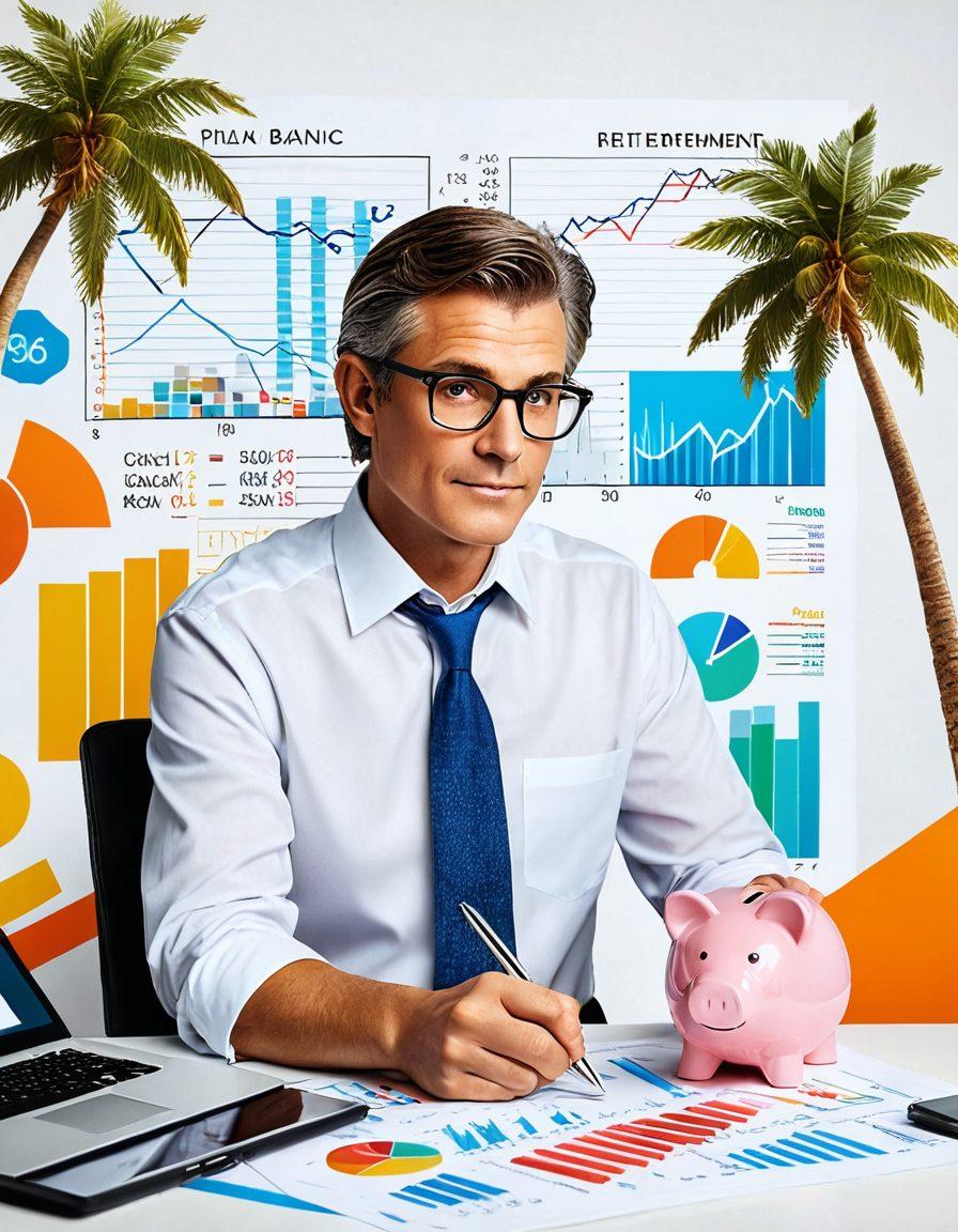 A visually engaging and informative collage illustrating concepts of personal banking and retirement planning. Include elements like a person studying financial charts, a piggy bank, a calculator, and retirement icons like a palm tree and a beach chair. Use warm and inviting colors to evoke a sense of stability and prosperity. Incorporate subtle graphics of calculators and financial graphs in the background. super-realistic. vibrant colors. white background.